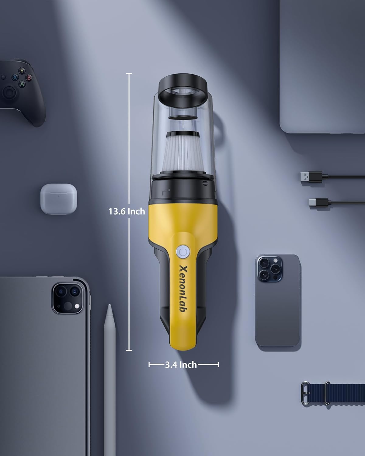 Handheld Vacuum Cordless 1.1 Pounds Car Vac 10000PA Hand Held Vacuums 4-in-1 Hand Vac Cordless Rechargeable HEPA Filter Large Capacity Dust Cup for Car Office Home Pets Hair (Yellow)