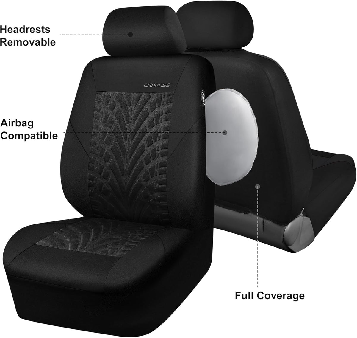 CAR PASS Car Seat Covers Two Front Only for Car, 3D Tyre Print Automotive Interior Covers, Airbag Compatible, Quick Setup Universal Fit Seat Covers for Car, Truck, SUV(Black)