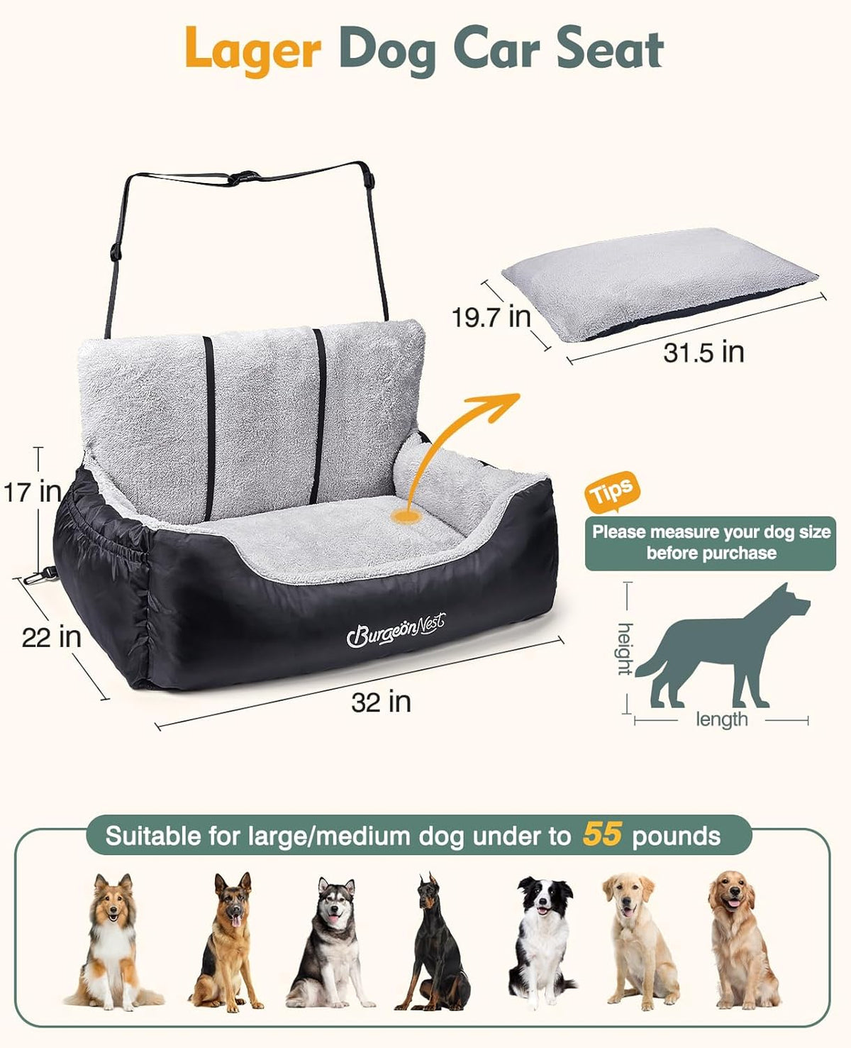 Dog Car Seat for Medium/Large Dogs Under 55 lbs, Soft Pet