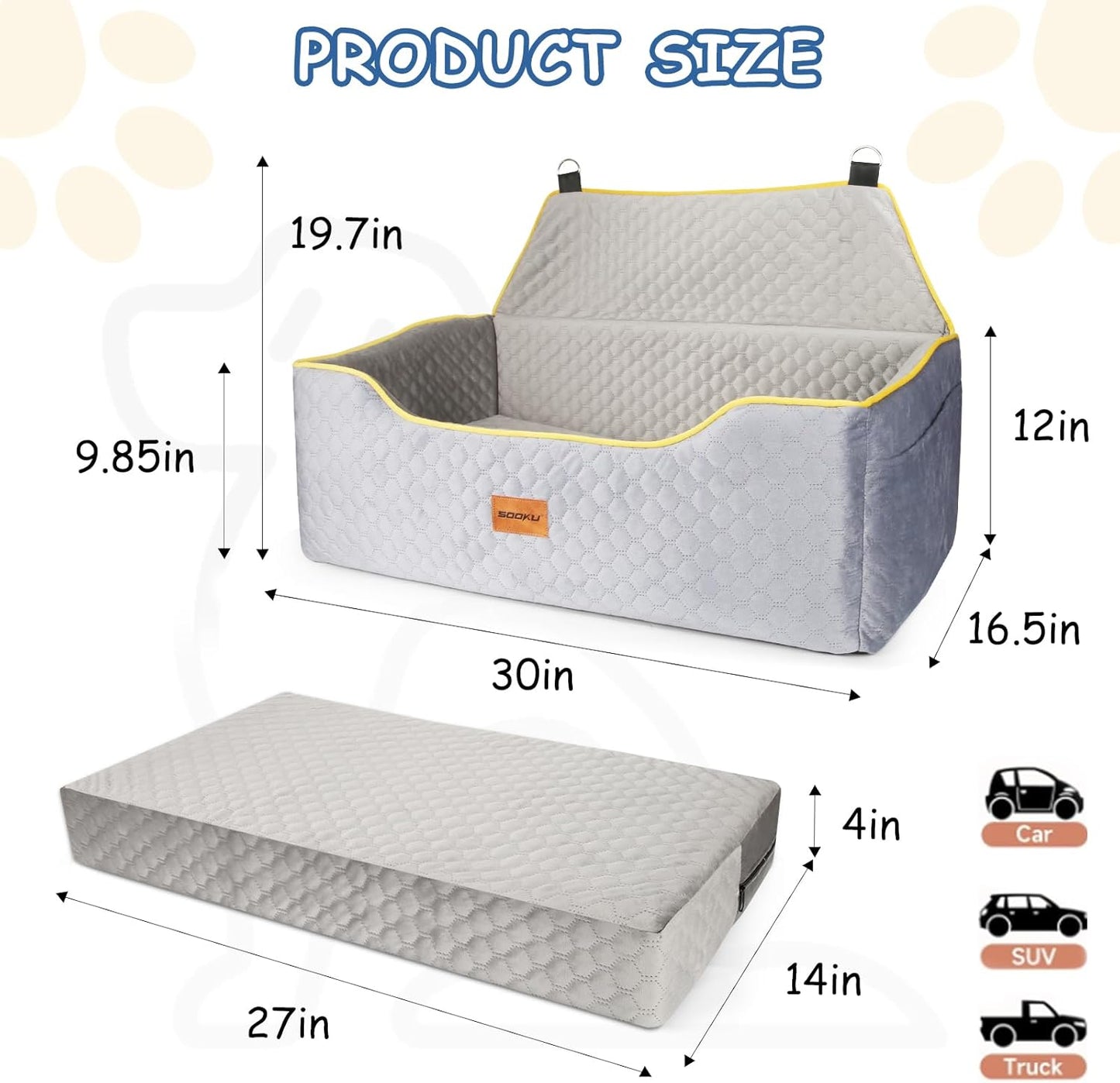 Dog Car Seat for Large/Medium or 2 Small,Memory Foam Car