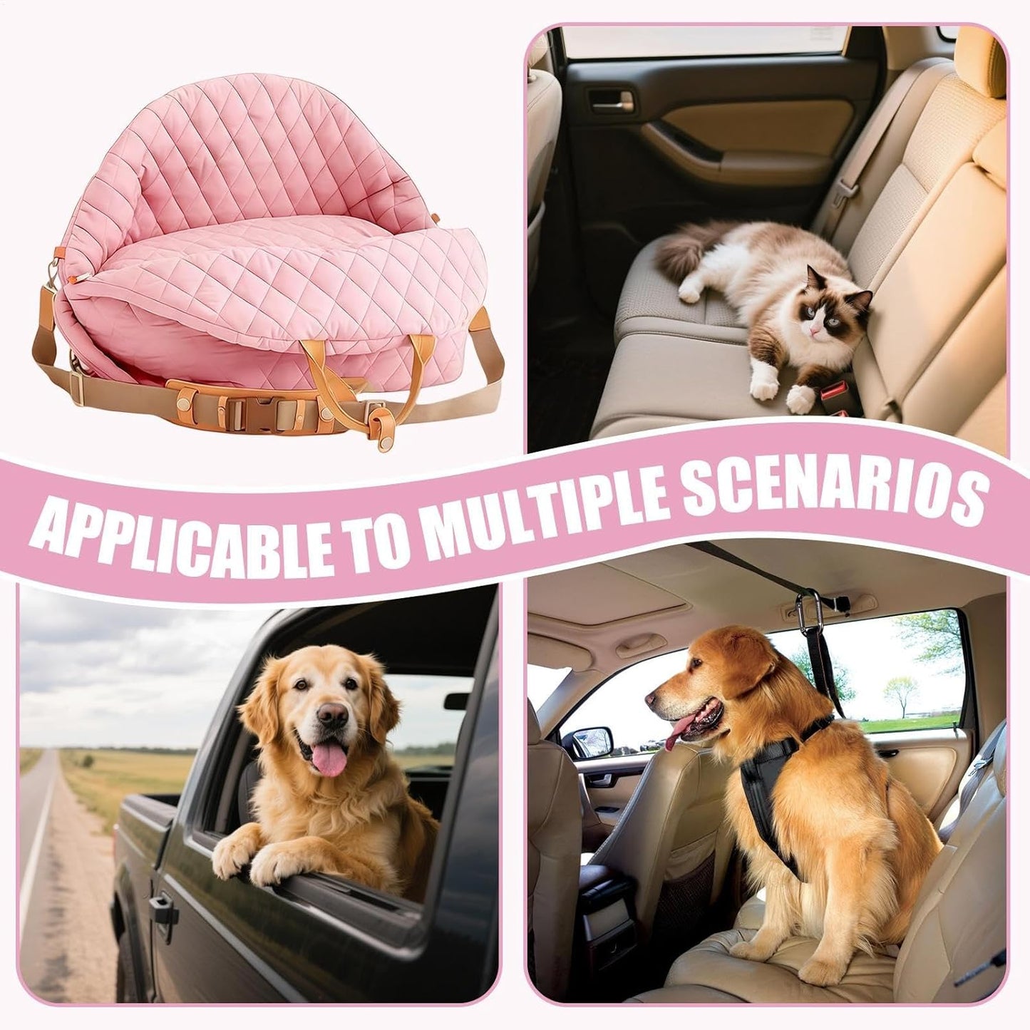 Waterproof Dog Booster Seat Bed, Adjustable Strap Pet Car