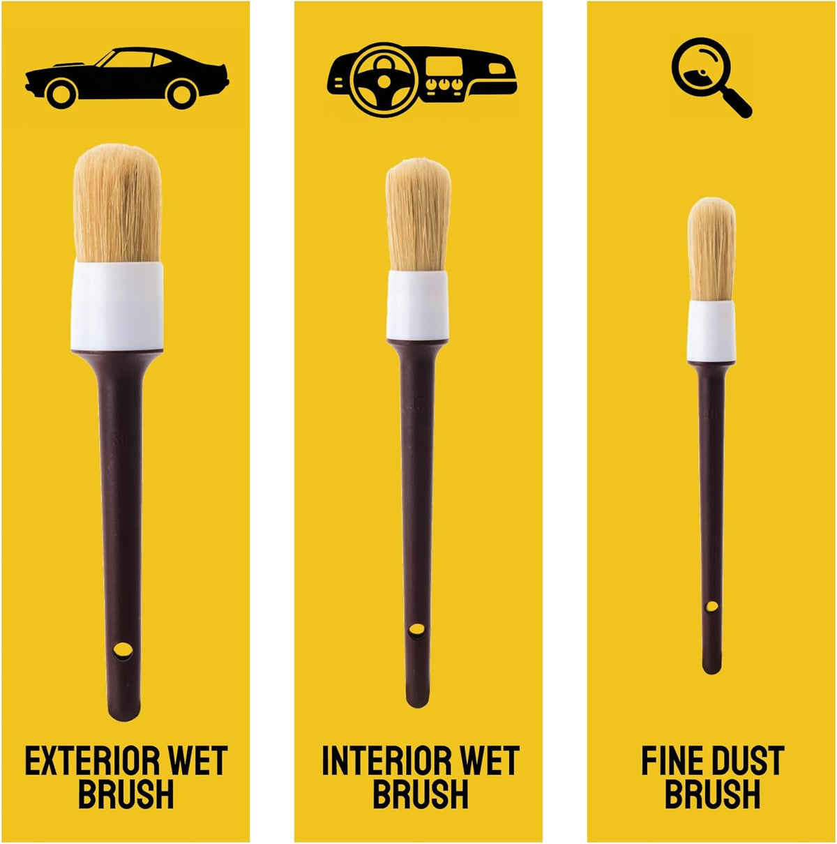 Detail Dudes Car Detailing Brush Set 3-pc - Scratch-Free Boars Hair for Interior and Exterior Work - Pro Quality Car Cleaning Brush Kit for Leather Seats, Dashboards, Wheels, Grills and Paint