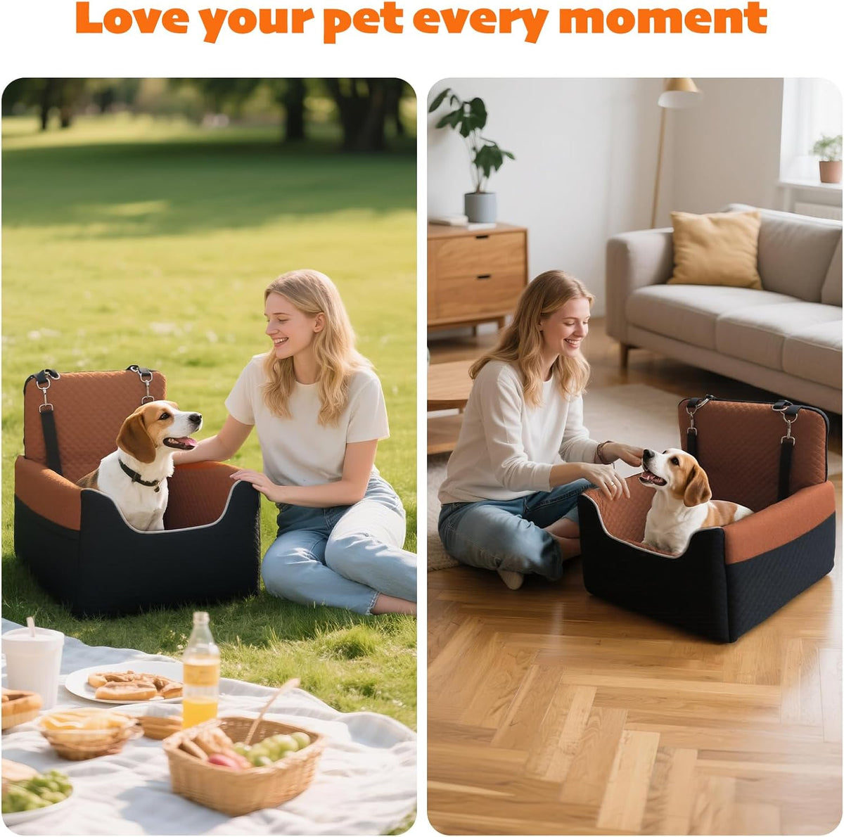 ALL GOOD PET SUPPLIES Dog Car Seat for Small/Medium Dogs Under 35lbs, Soft Booster Car Seat with Detachable Washable Cover and Cushion, Puppy Dog Car Bed, Black/Brown
