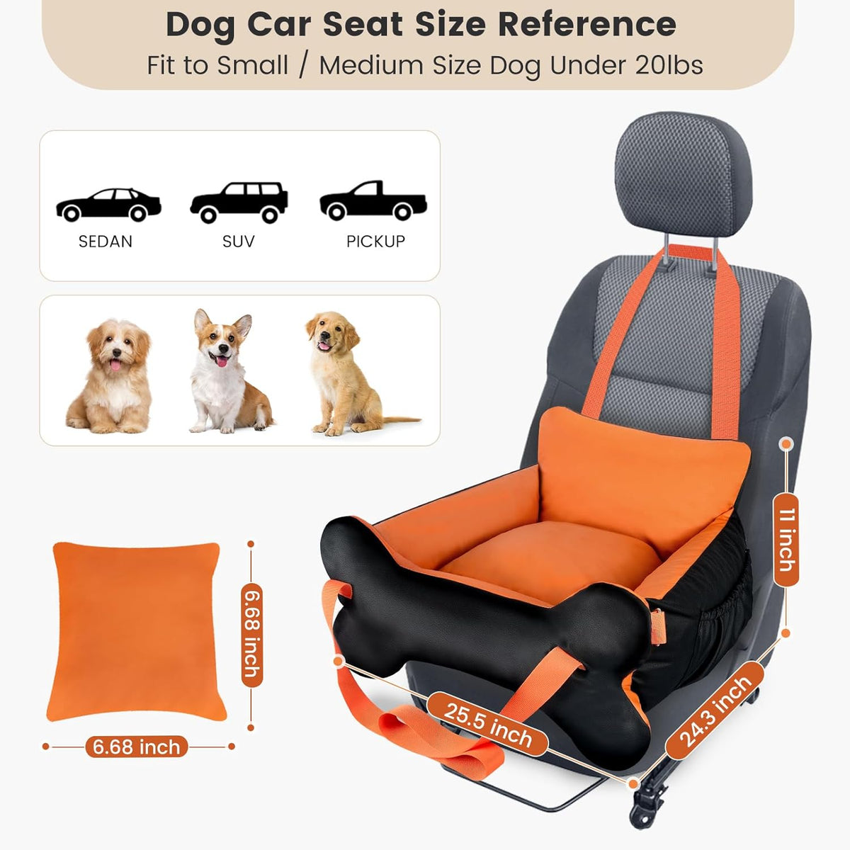 25.5" x 24.3" x 11" Dog Car Seat for Small Dogs & Cats