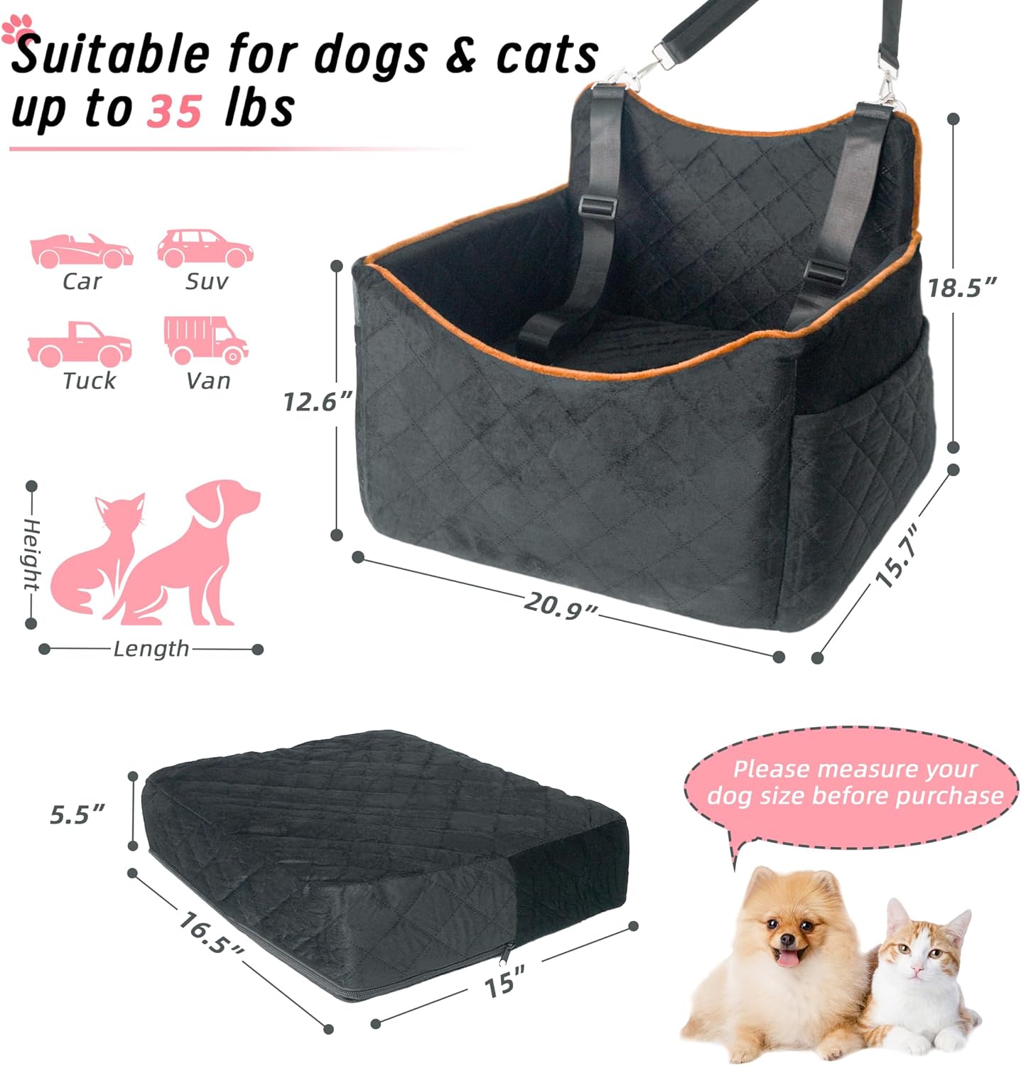 Dog Car Seat for Small Medium Dogs Under 35 lbs, Washable