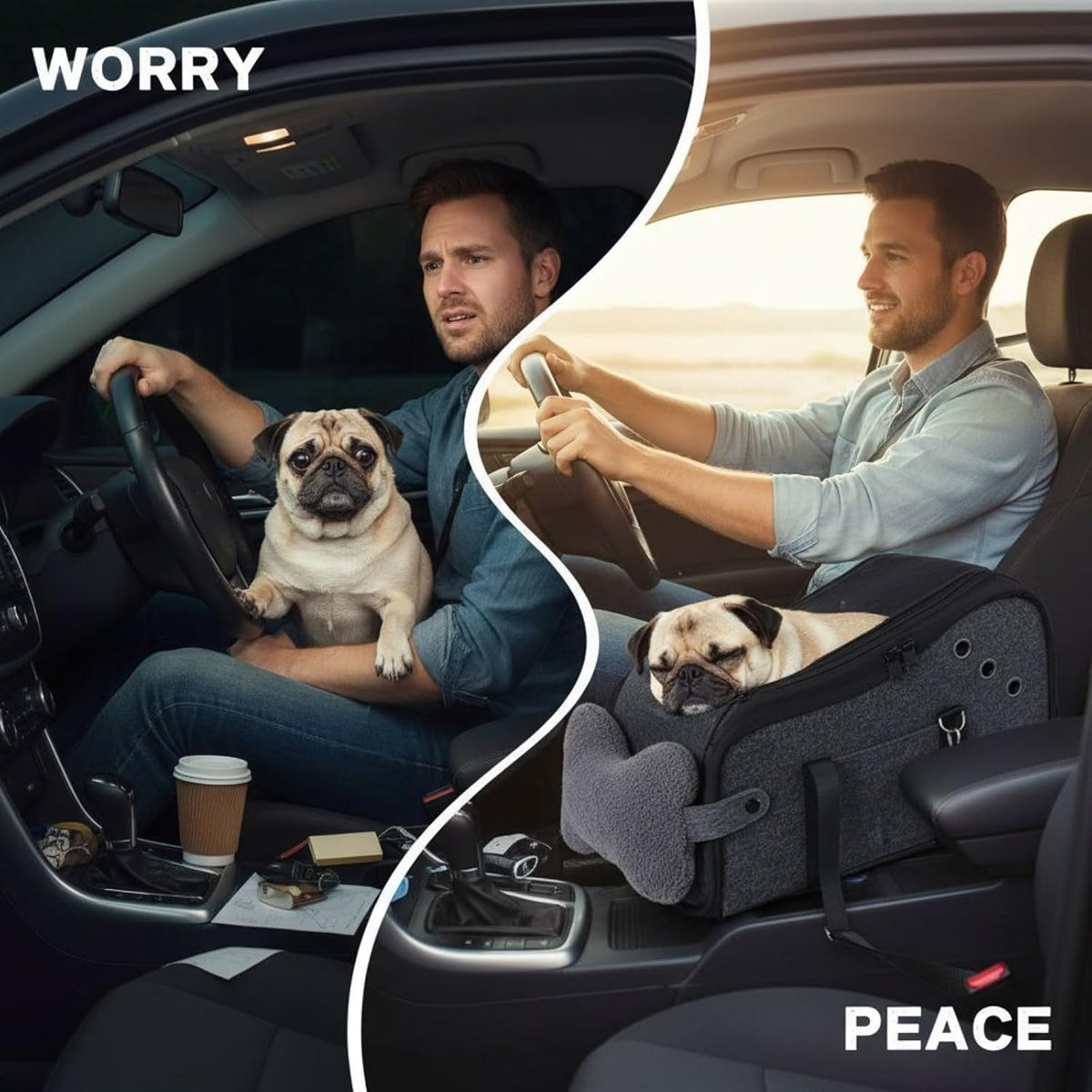 Dog Car Seat Center Console 2-in-1, Gray, Plush, 15.9 X 9.8