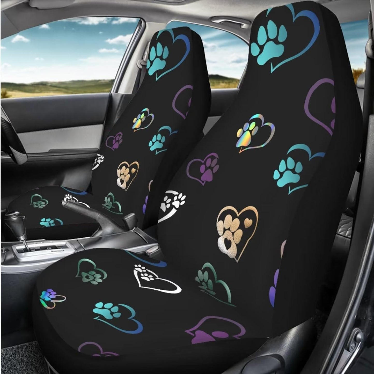 Colorful Heart Dog Paw Print Car Seat Covers Full Set of 2