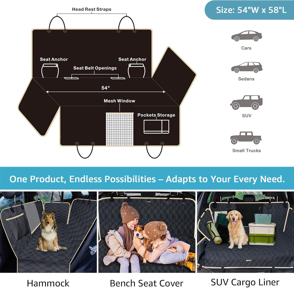 Dog Car Seat Covers for Back Seat with 2 Seat Belts