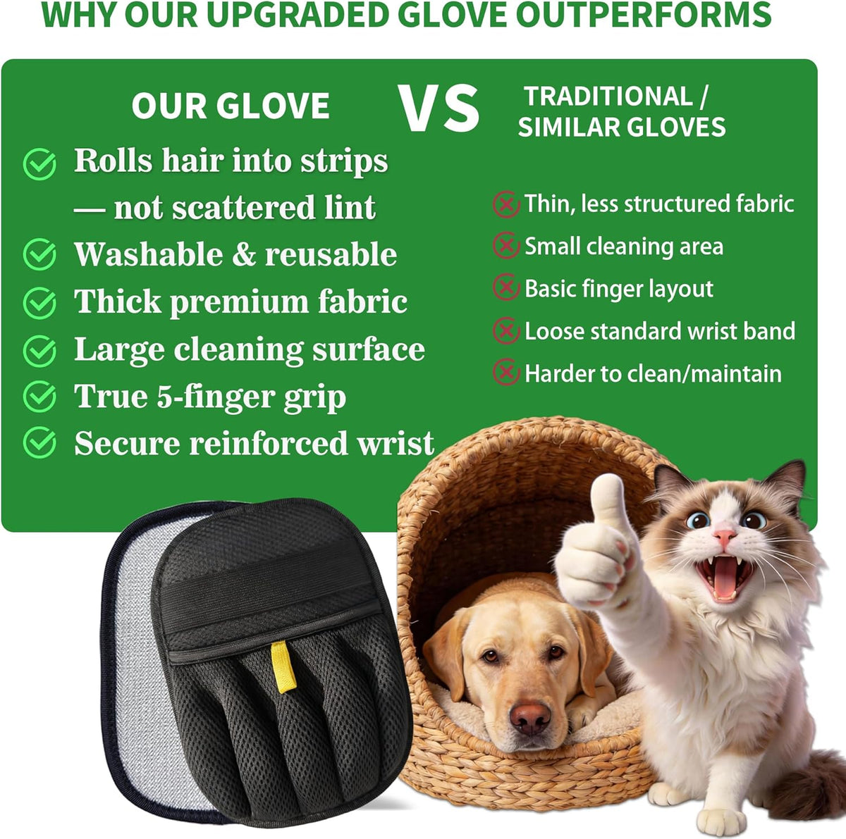 Pet Hair Removal Glove - Upgraded 10mm Thickened