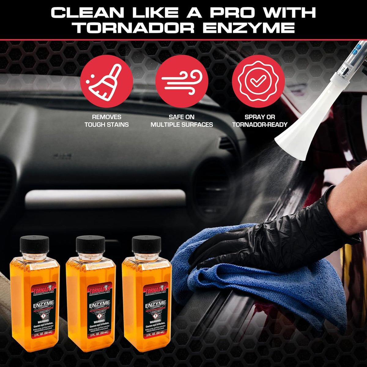 Tornador TC-ENZYME Multi-Purpose Enzyme Cleaner 2oz 3-Pack | Heavy-Duty Spot & Stain Remover with Odor Control | Use Black, Classic, or TornadorMAX Tools or Spray Bottle