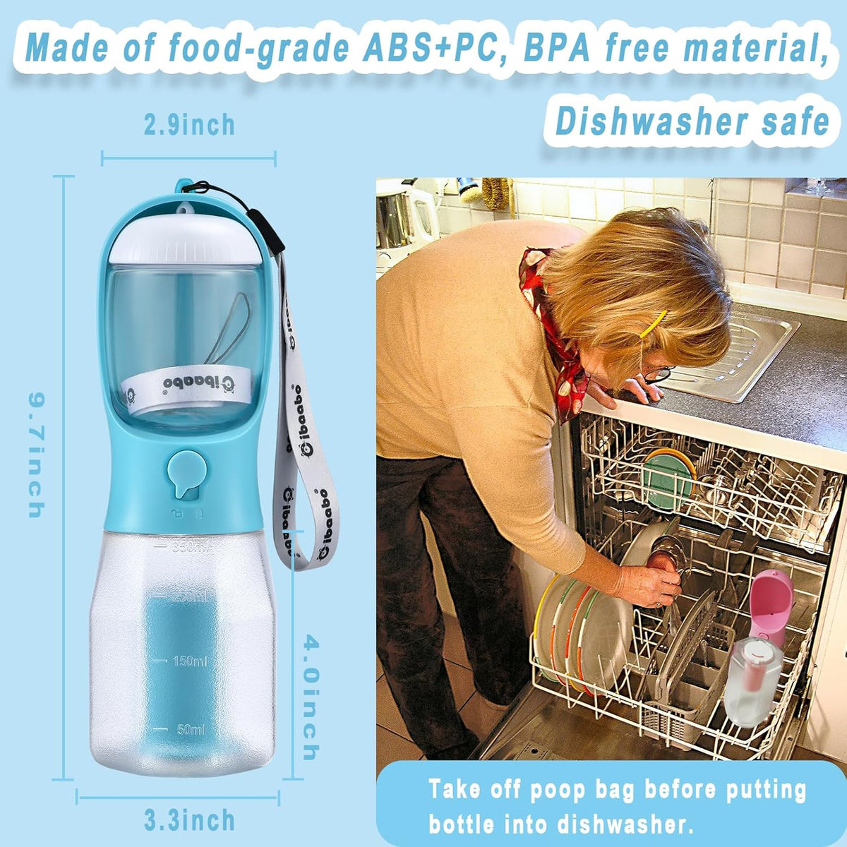 Cibaabo Dog Water Bottle with Food Container & Poop Bag Holder, Travel Water Bowl, Portable Pet Dispenser, Dog Gifts Stuff Accessories Items, Puppy Essentials for Yorkie Chihuahua Walking Hiking