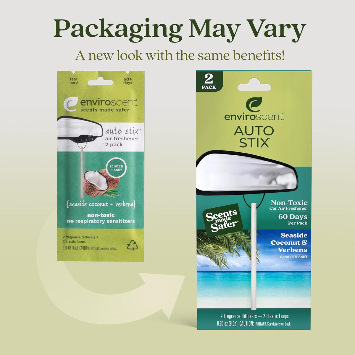 Enviroscent Non-Toxic* Car Air Freshener Auto Stix® - Fragrance Lasts Up to 180 Days - Includes Auto Stix® Diffusers & Elastic Loops - Mother’s Day Gift for Mom - Seaside Coconut & Verbena (Pack of 3)