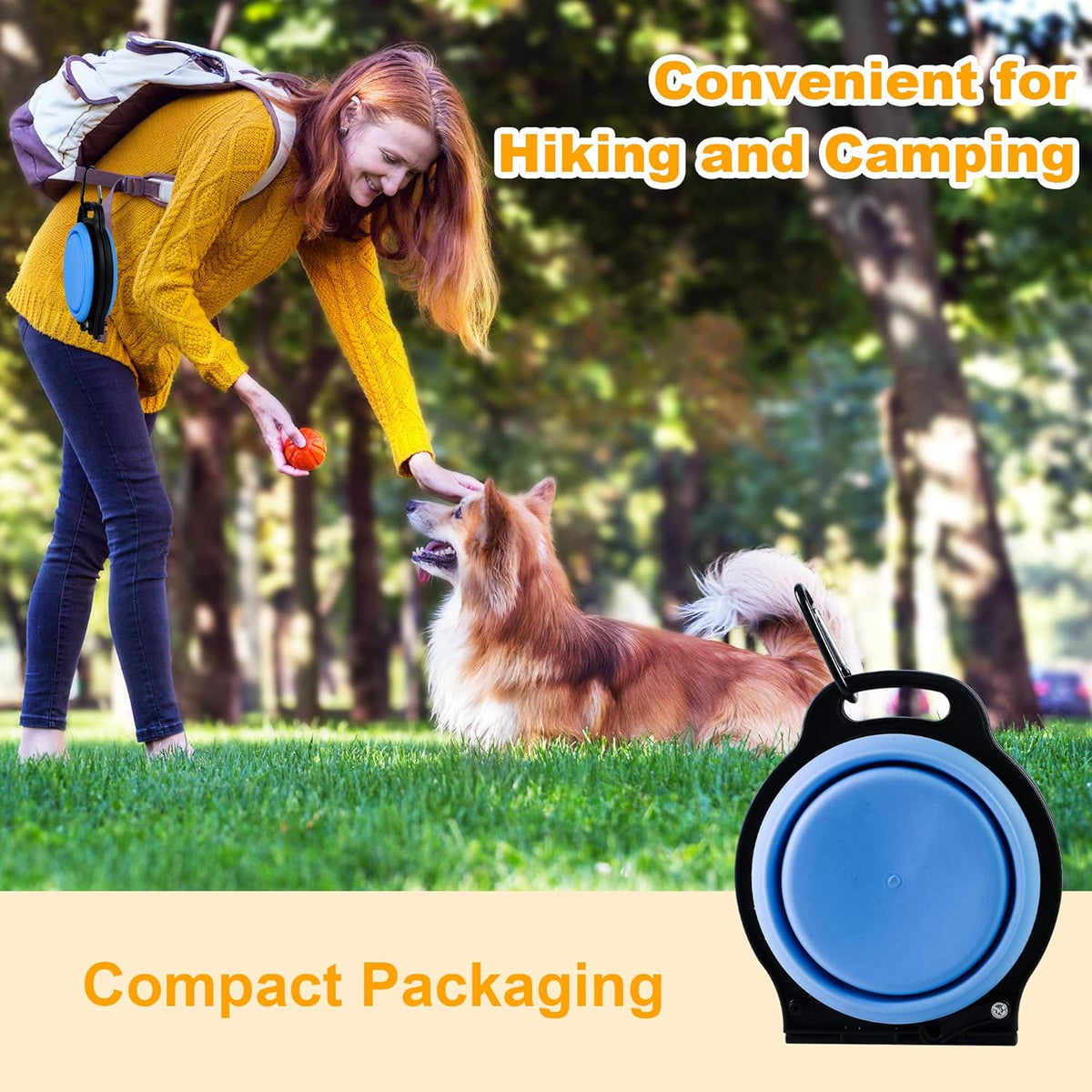 Collapsible Dog Bowls, Portable Travel Pet Feeder Bowl, 2 in 1 Expandable Silicone Pet Food & Water Double Bowl, Cat Feeder Dish with Carabiner for Walking, Traveling, Hiking, Camping