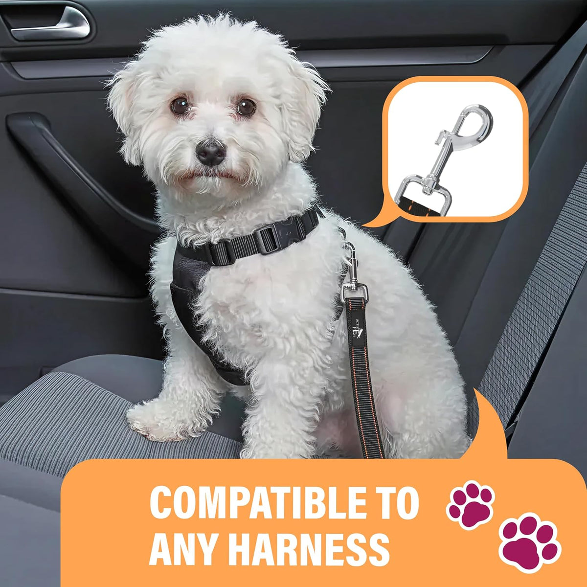 Orange Car Seat Belt for Dogs, Attaches to Harness &