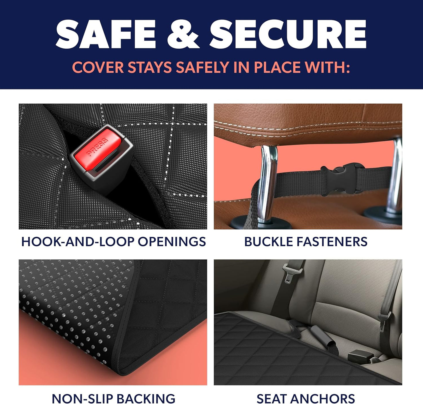 Black Car Rear Seat Cover for Dogs, Durable Waterproof &