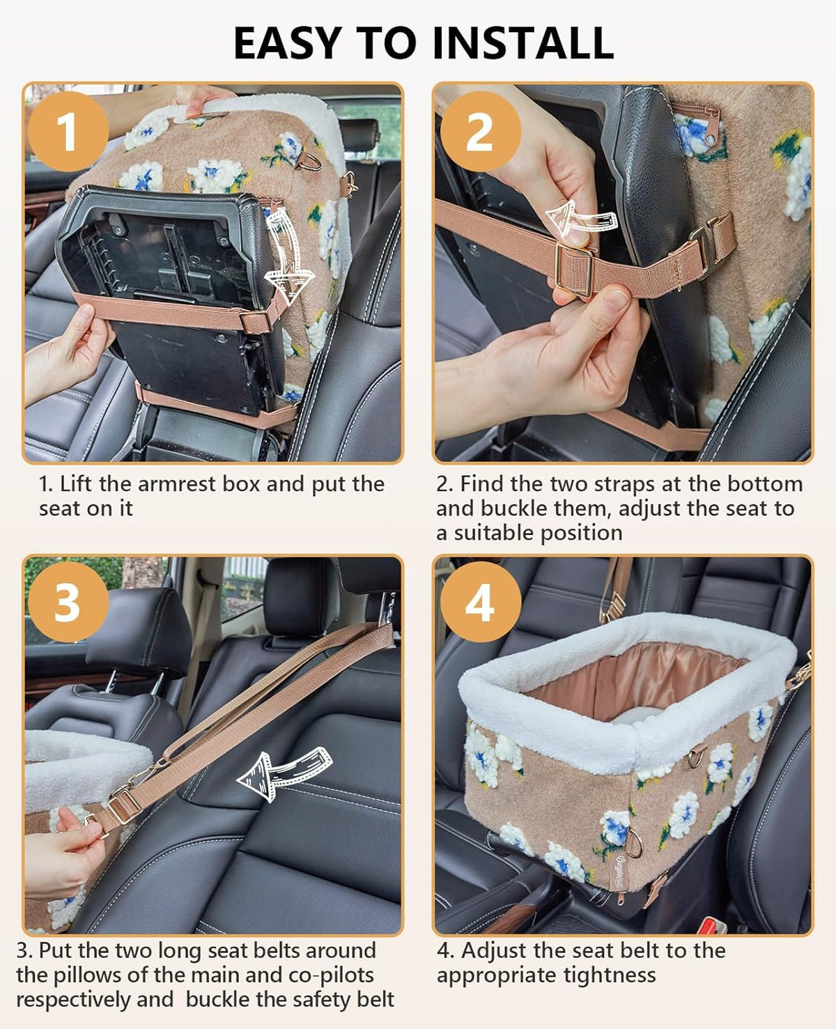 BurgeonNest Dog Carseat for Small Dog, Center Console Pet Booster Seats with Metal Frame, Upgraded Pet Carseat with Double Protection Seat Belts, Washable Cushion, Safety Leash and Storage Pocket