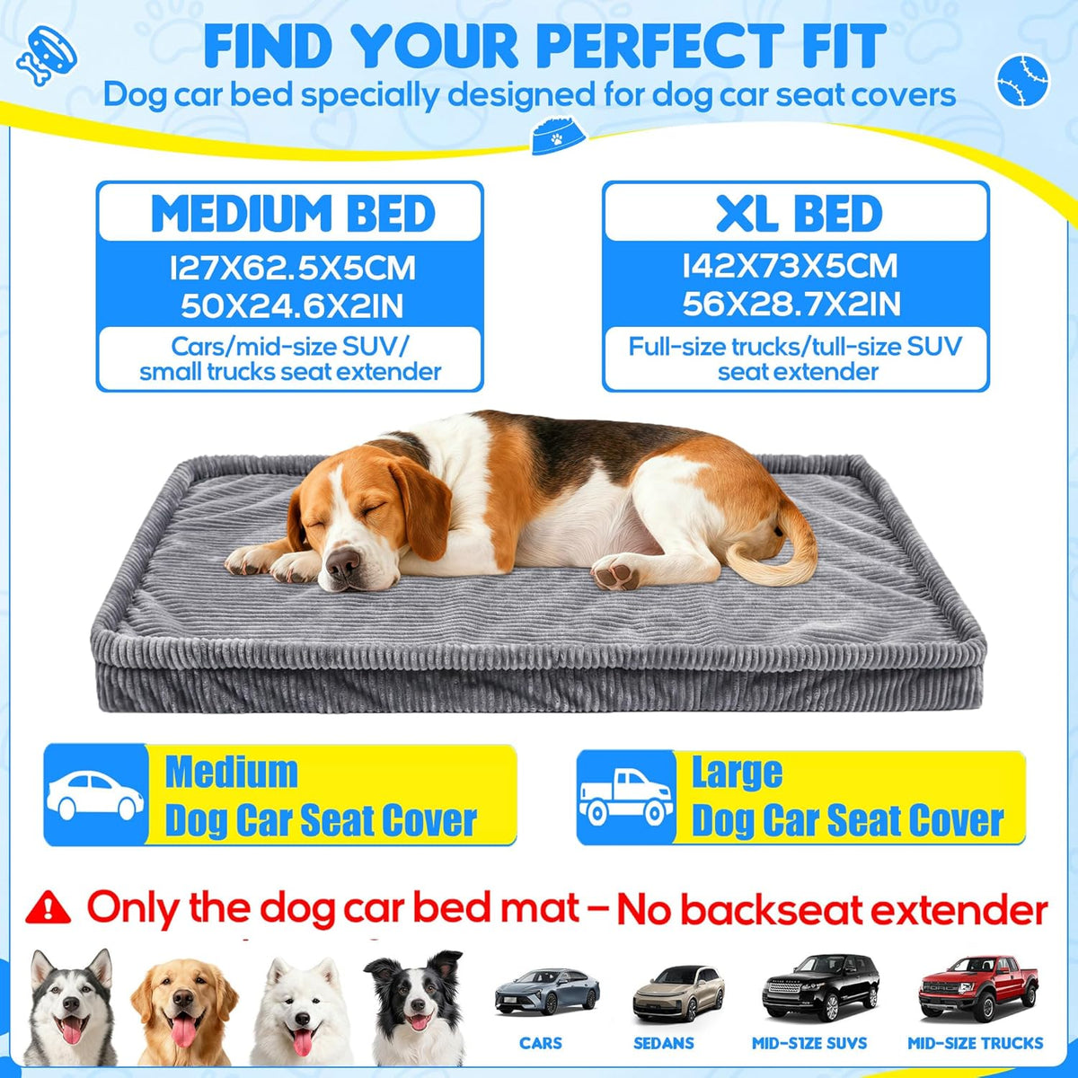 Dog Car Bed, Non-Slip Backseat Extender Pet Mat, Removable