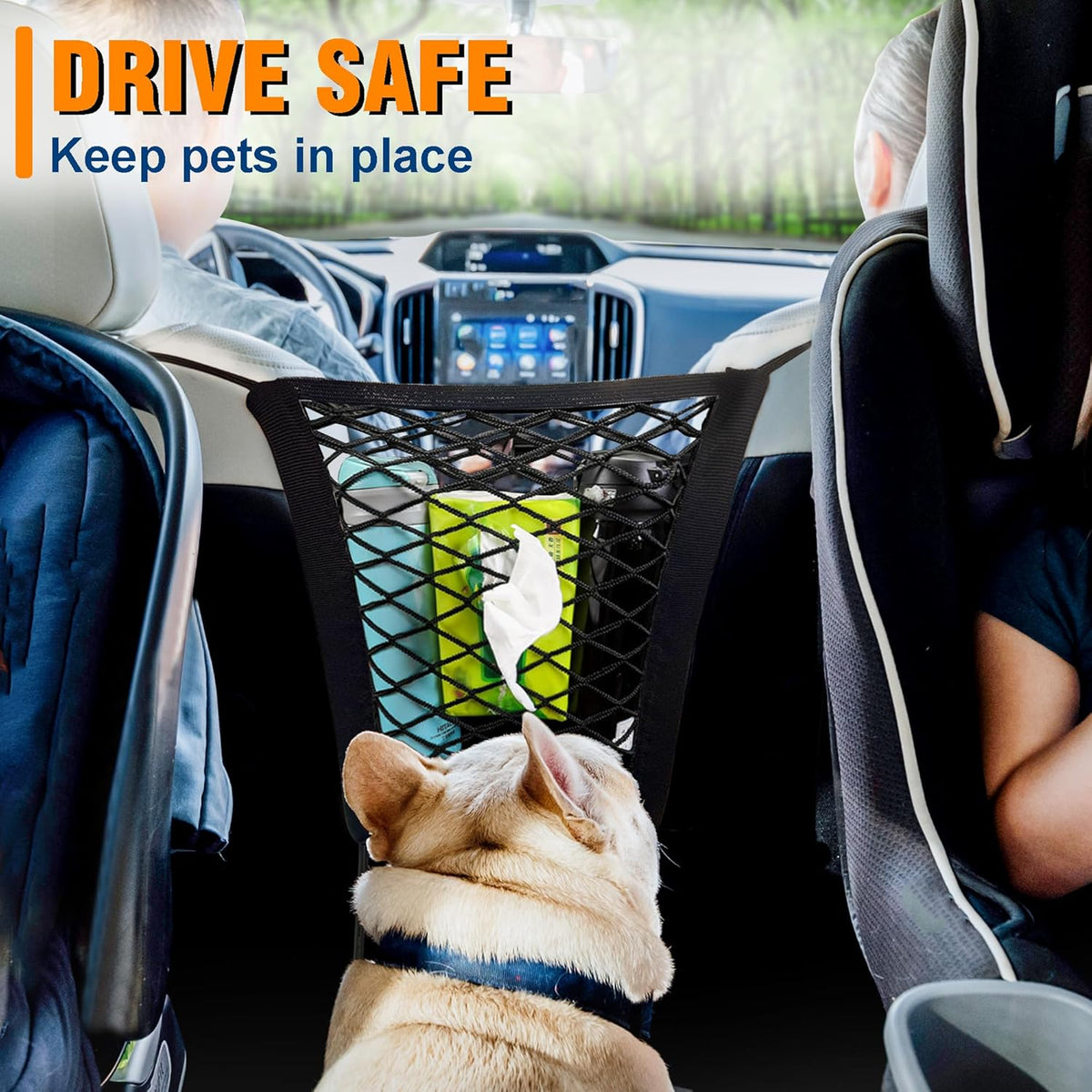 Universal Dog Car Net Barrier – Sturdy Mesh, Easy Install, Breathable Design, Easy to Clean, Flexible Bungee Cords for Adjustable Fit 23"×23" (Black) (2-Layer Mesh)