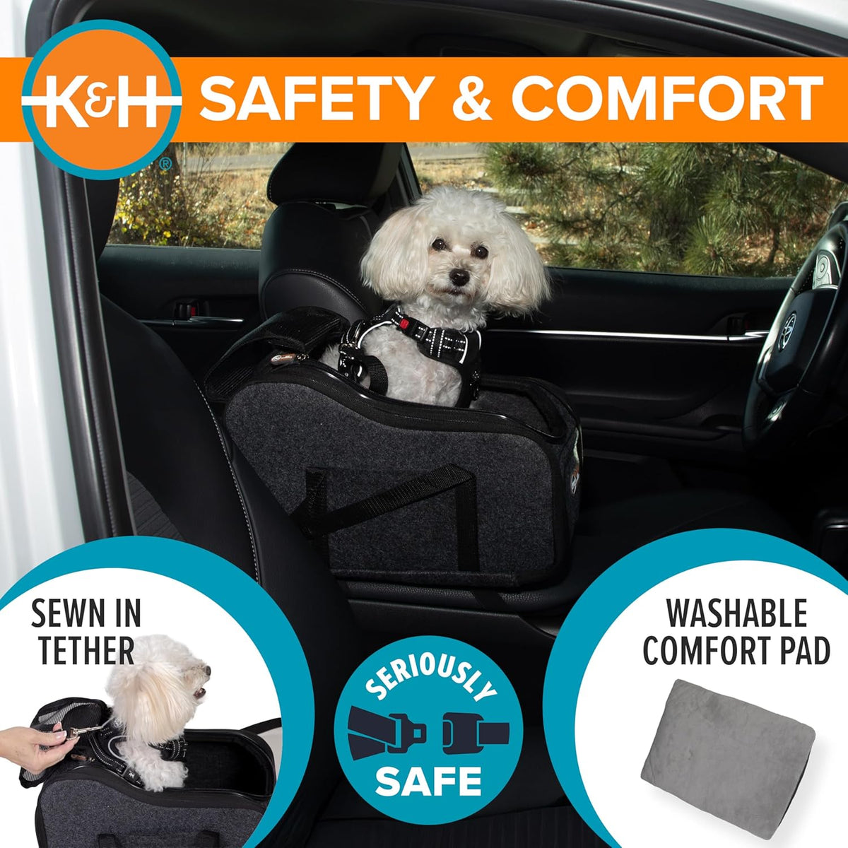 Center Console Dog Car Seat for Small Dogs & Cats, Secure