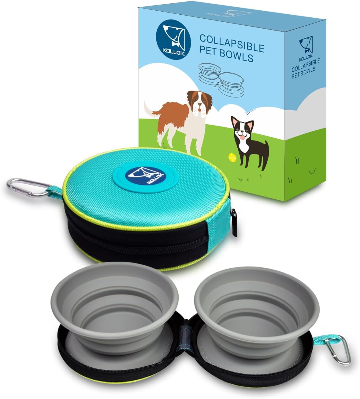 KALLAK Portable 2 in 1 Pet Bowls with Zipper Carrying Case and Carabiner, Collapsible Double Travel Dog Bowls for Food and Water Feeding, Foldable Camping Dog Cat Bowl
