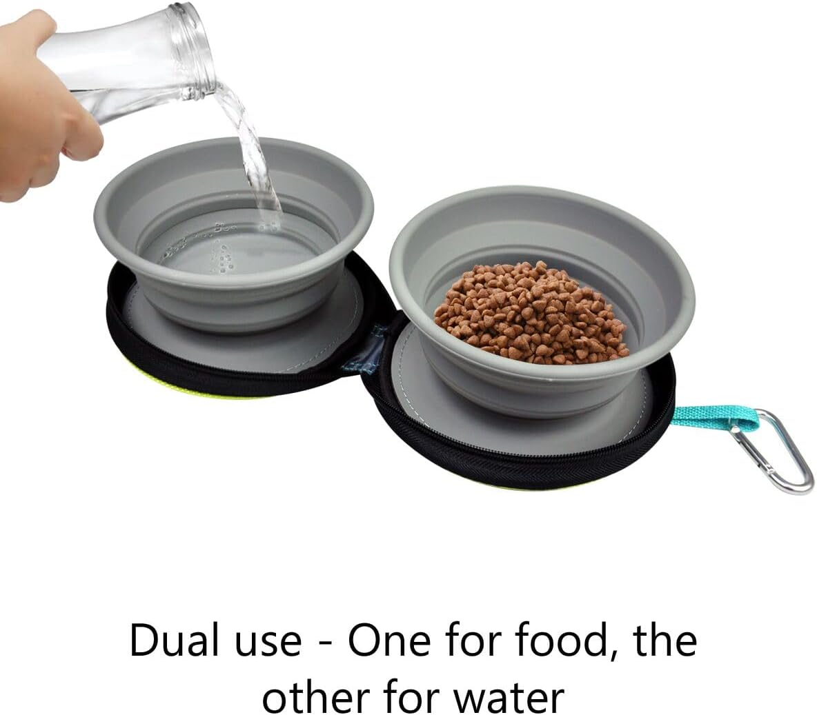 KALLAK Portable 2 in 1 Pet Bowls with Zipper Carrying Case and Carabiner, Collapsible Double Travel Dog Bowls for Food and Water Feeding, Foldable Camping Dog Cat Bowl