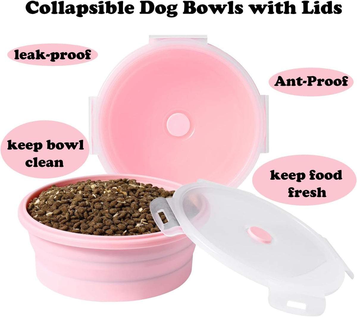 Joyinjojo Collapsible Dog Bowls with Lids, 2 Pack Portable Travel Dog Bowls for Small Medium Large Dogs, Silicone Foldable Outdoor Dog Cat Food Water Bowls for Camping Hiking Road Trip, Pink 17 oz