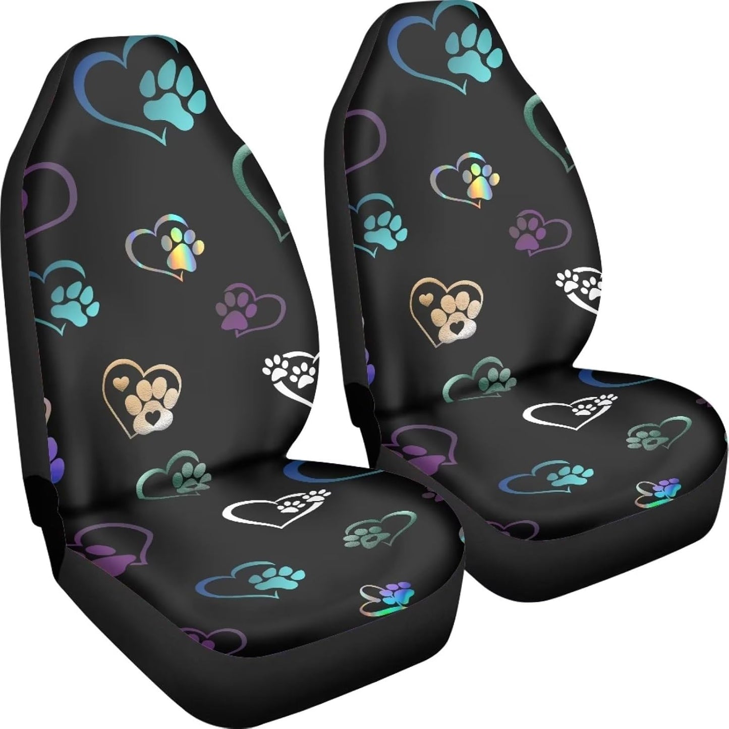 Colorful Heart Dog Paw Print Car Seat Covers Full Set of 2