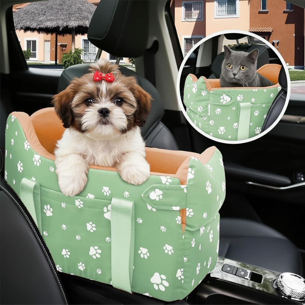 Dog Center Console Car Seat for Small Dogs Under 15lbs,Detachable Washable Booster Pet Car Seat Travel Bed with Storage Pockets and Seat Belt(Green)
