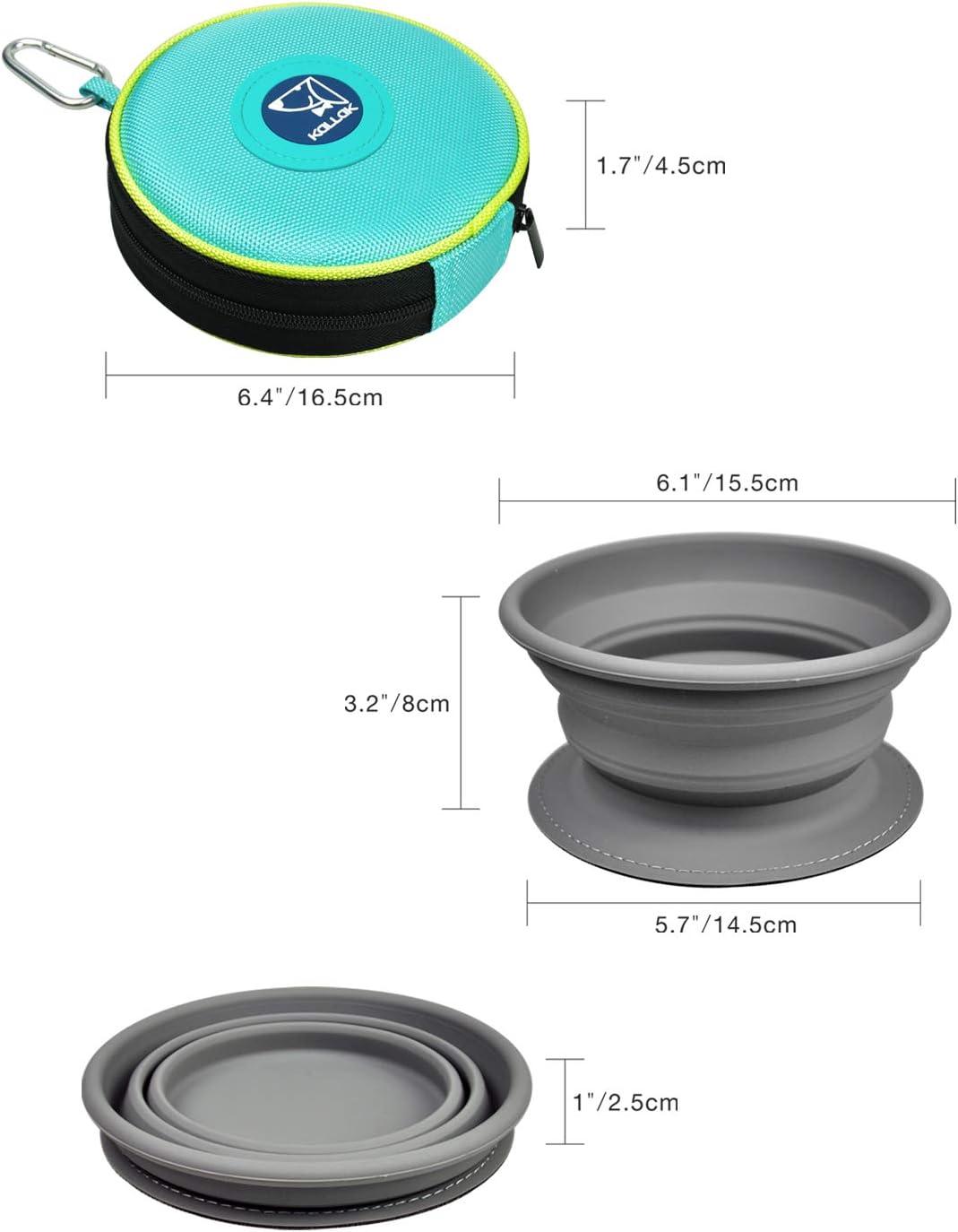 KALLAK Portable 2 in 1 Pet Bowls with Zipper Carrying Case and Carabiner, Collapsible Double Travel Dog Bowls for Food and Water Feeding, Foldable Camping Dog Cat Bowl