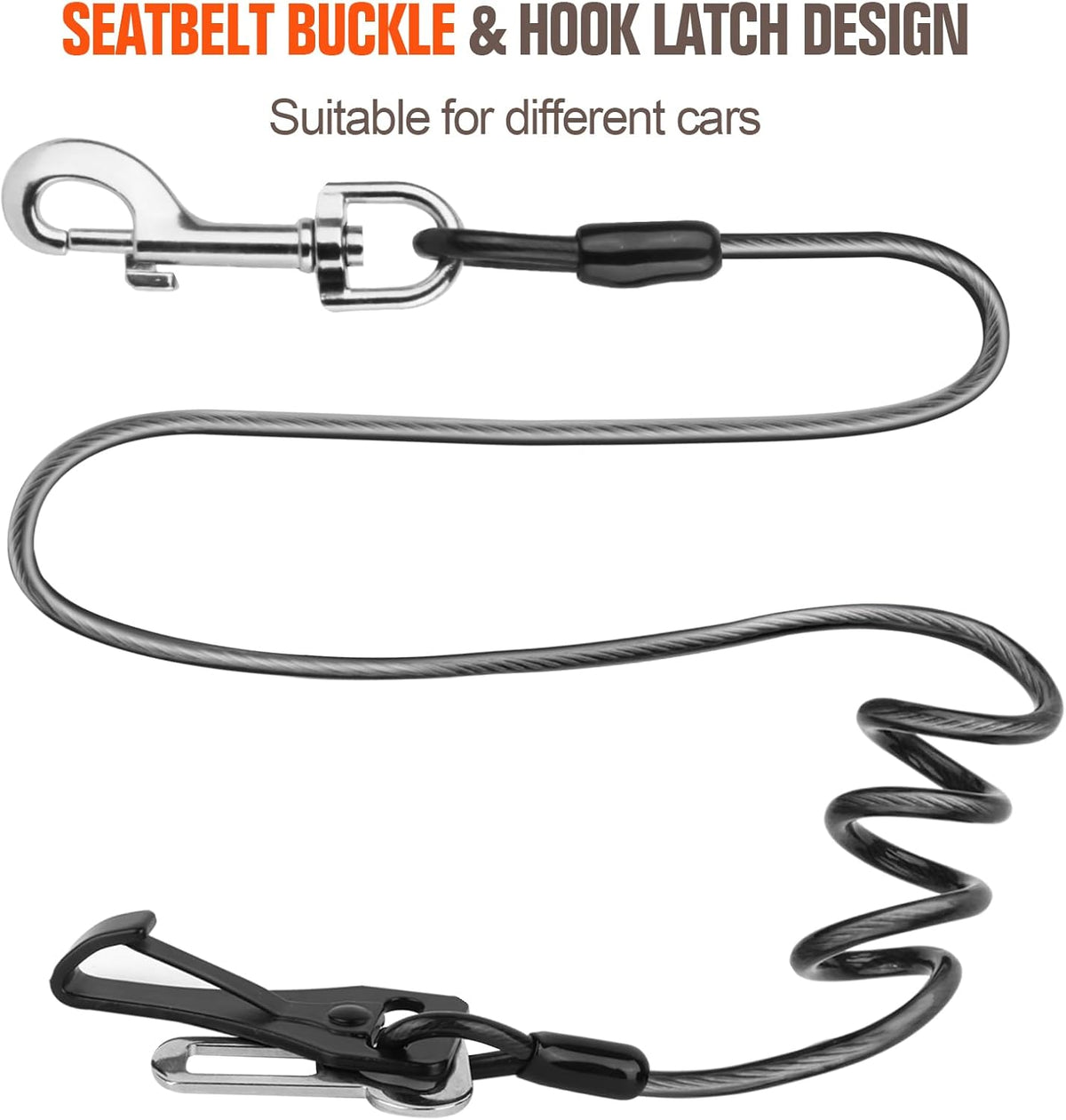 Seat Belt for Car, Chew Proof Leash 2 in 1 Steel Cable With
