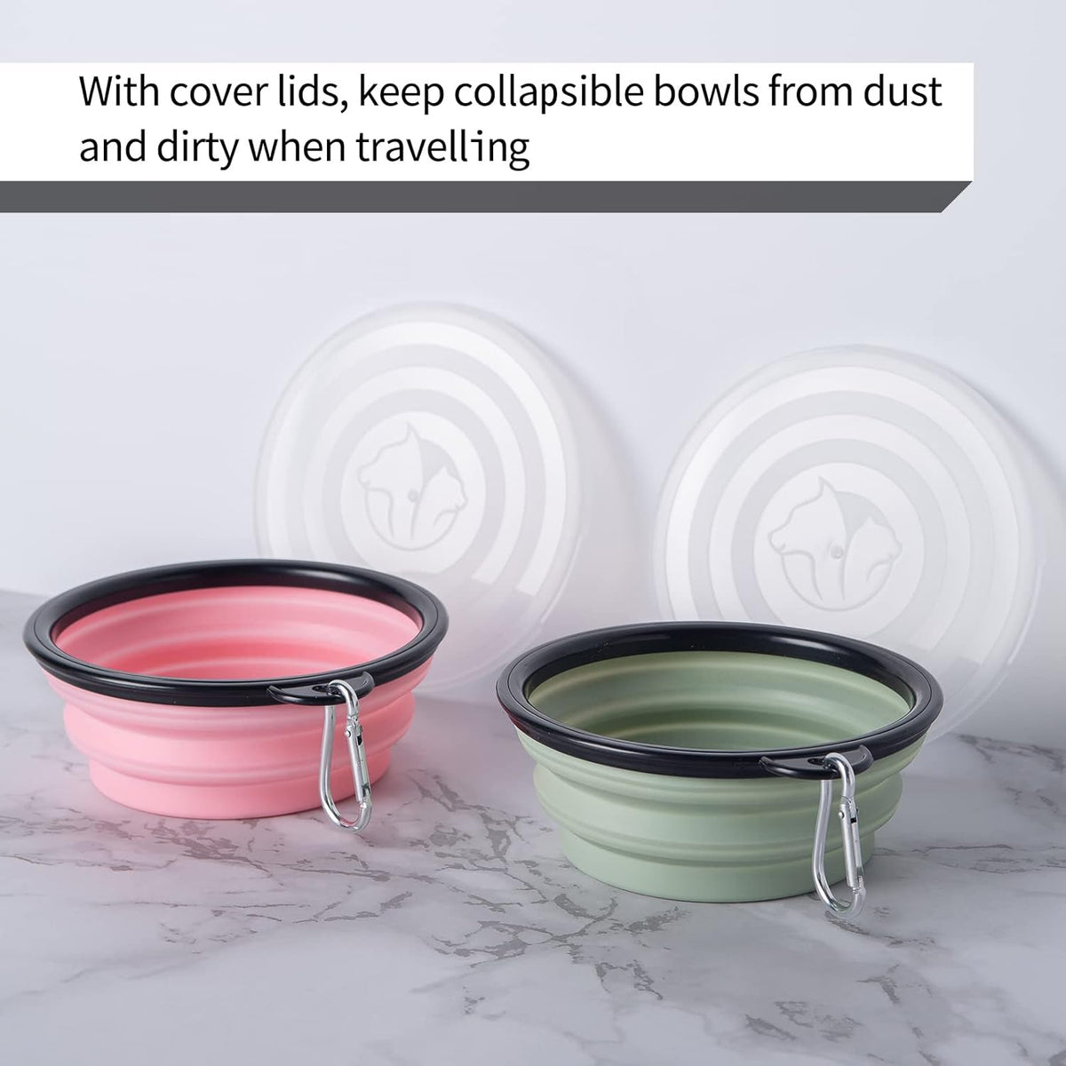 SLSON Collapsible Pet Feeder, 2 Pack Dog Bowls with Cover Lids, Portable Foldable Cat Water Dish Bowl for Pets, Small, Fairy Pink and Sprout Green