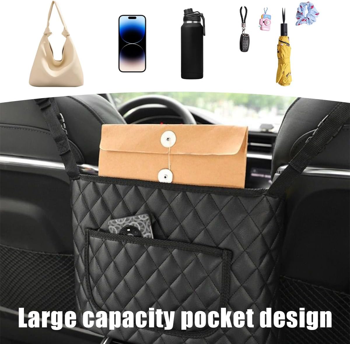Car Handbag Holder Between Seats, Leather Large Capacity