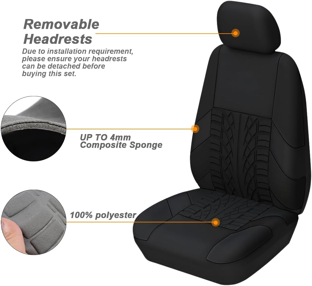 BESULEN Front Car Seat Covers, 2 Pcs Polyester Bucket Seat Protectors, Soft and Breathable, Premium Sporty Automotive Seat Cushions, Universal Auto Interior Accessories (Black)
