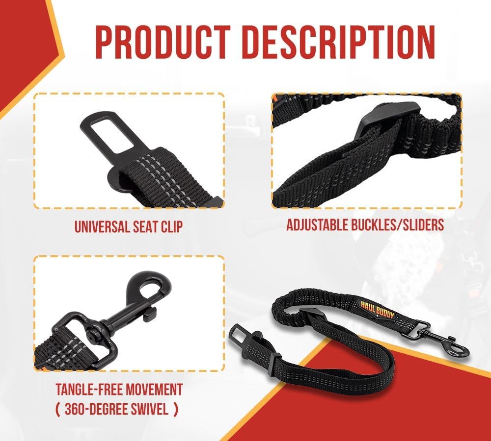 2 Pack Nylon Dog Seat Belt for Car w/Elastic Buffer Design