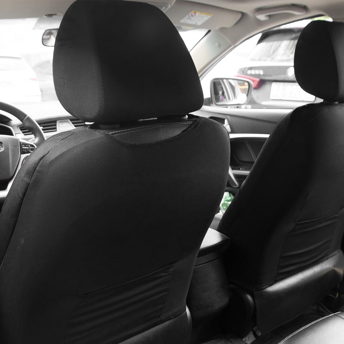 BESULEN Front Car Seat Covers, 2 Pcs Polyester Bucket Seat Protectors, Soft and Breathable, Premium Sporty Automotive Seat Cushions, Universal Auto Interior Accessories (Black)