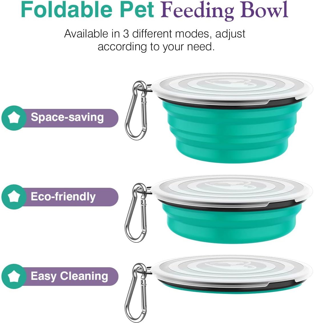Pawaboo Collapsible Dog Bowls 2 Pack, Silicone Feeding Watering Bowls with Lids & Carabiners for Dogs Cats, Portable Collapsable Water Feeder Food Bowl for Walking Traveling Home Use, VioletTurquoise