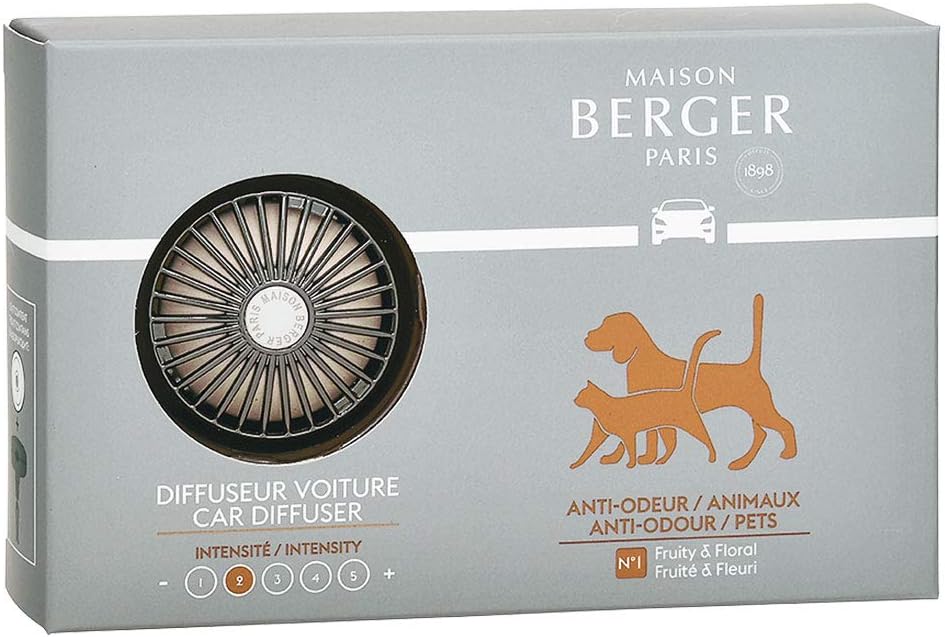 Maison Berger Car Diffuser Set – Refillable Vent Clip, Ceramic Refill, Made in France - Luxury Auto Scent - 4-Week Diffusion - Elegant Air Freshener for All Car Vents (Anti-Pet Odor)
