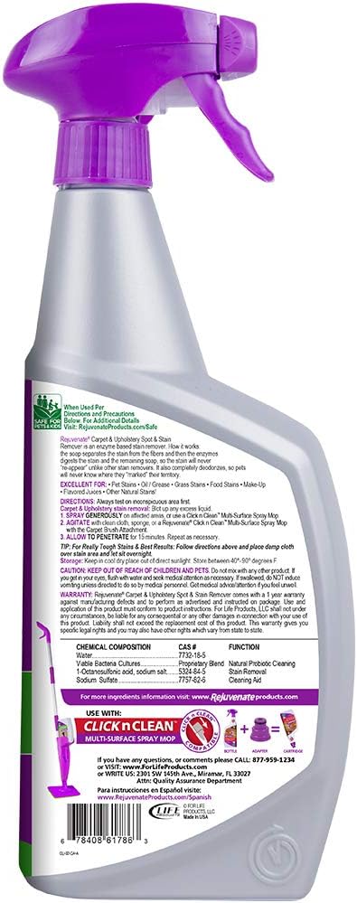 Rejuvenate Bio-Enzymatic Carpet & Upholstery Spot & Stain Remover Odor Remover Simply Spray and Walk Away â€“ Removes Mud, Chocolate, Grass, Pet Stains and More, 32 Fl Oz (Pack of 2)