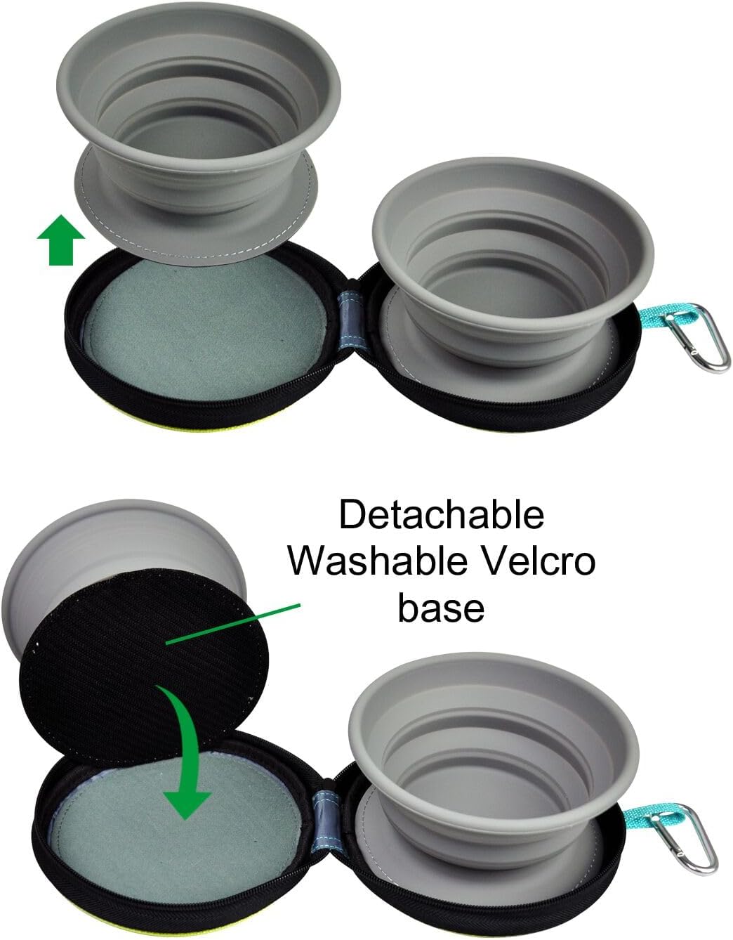KALLAK Portable 2 in 1 Pet Bowls with Zipper Carrying Case and Carabiner, Collapsible Double Travel Dog Bowls for Food and Water Feeding, Foldable Camping Dog Cat Bowl