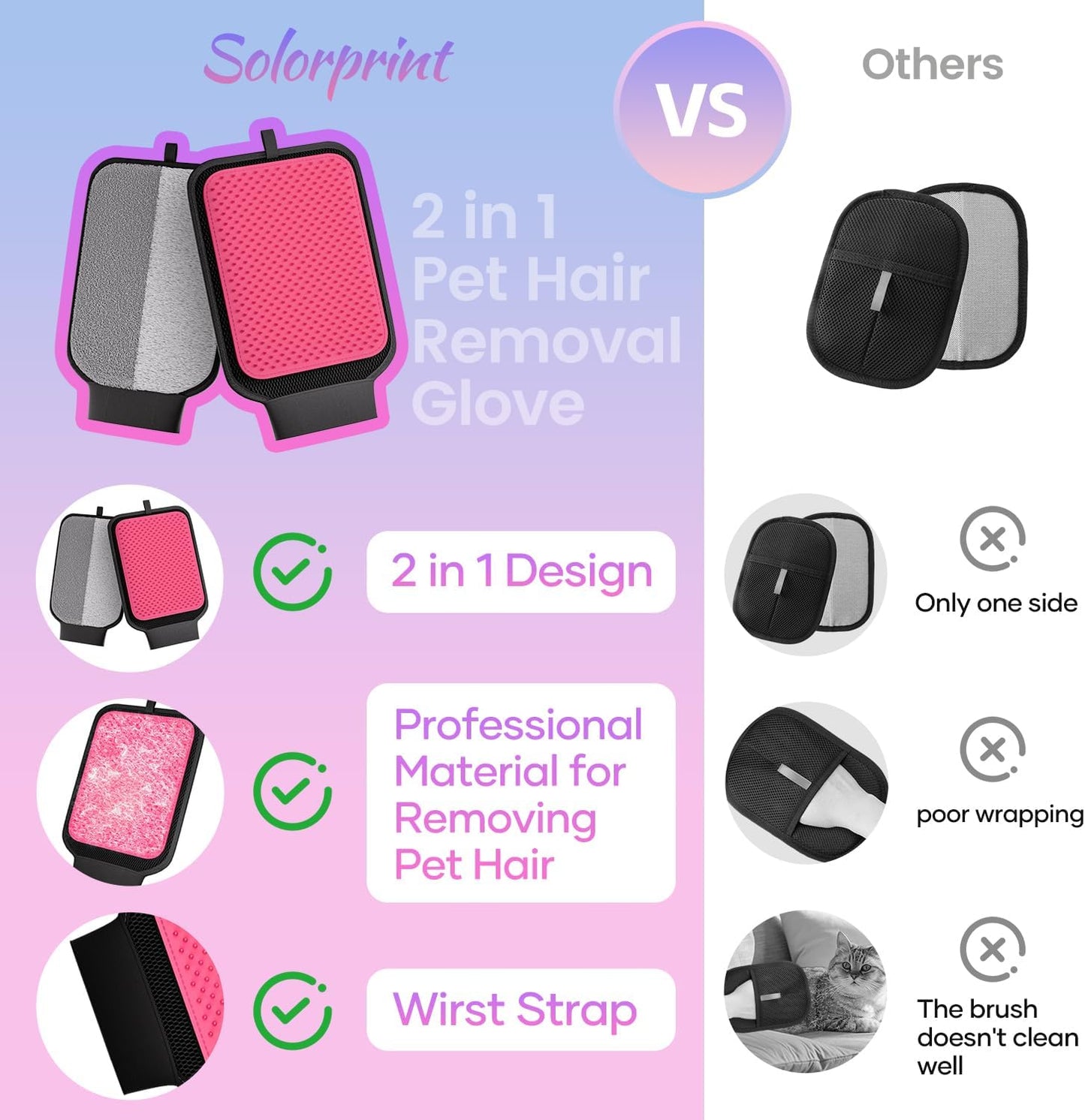 Dual-Sided Pet Hair Removal Glove for Cats & Dogs, Pet Hair