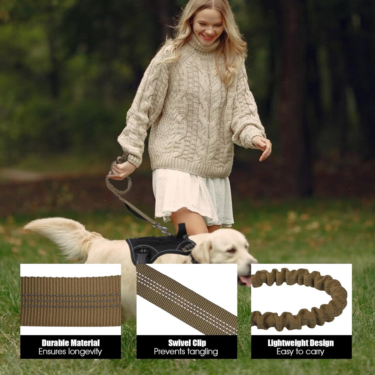 6Ft Dog Leash, Bungee Dog Leash with 2 Handles, Heavy Duty