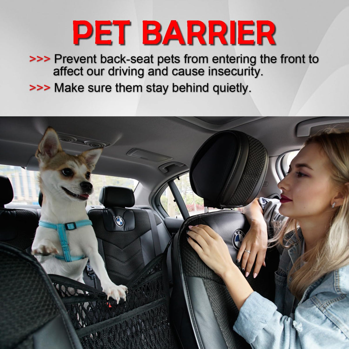Car Accessories, Organizer Storage Between Front Seats, Purse Handbag Holder of 3 Layers Mesh Net Pocket Bag, Backseat Dog Pet Barrier, Patented