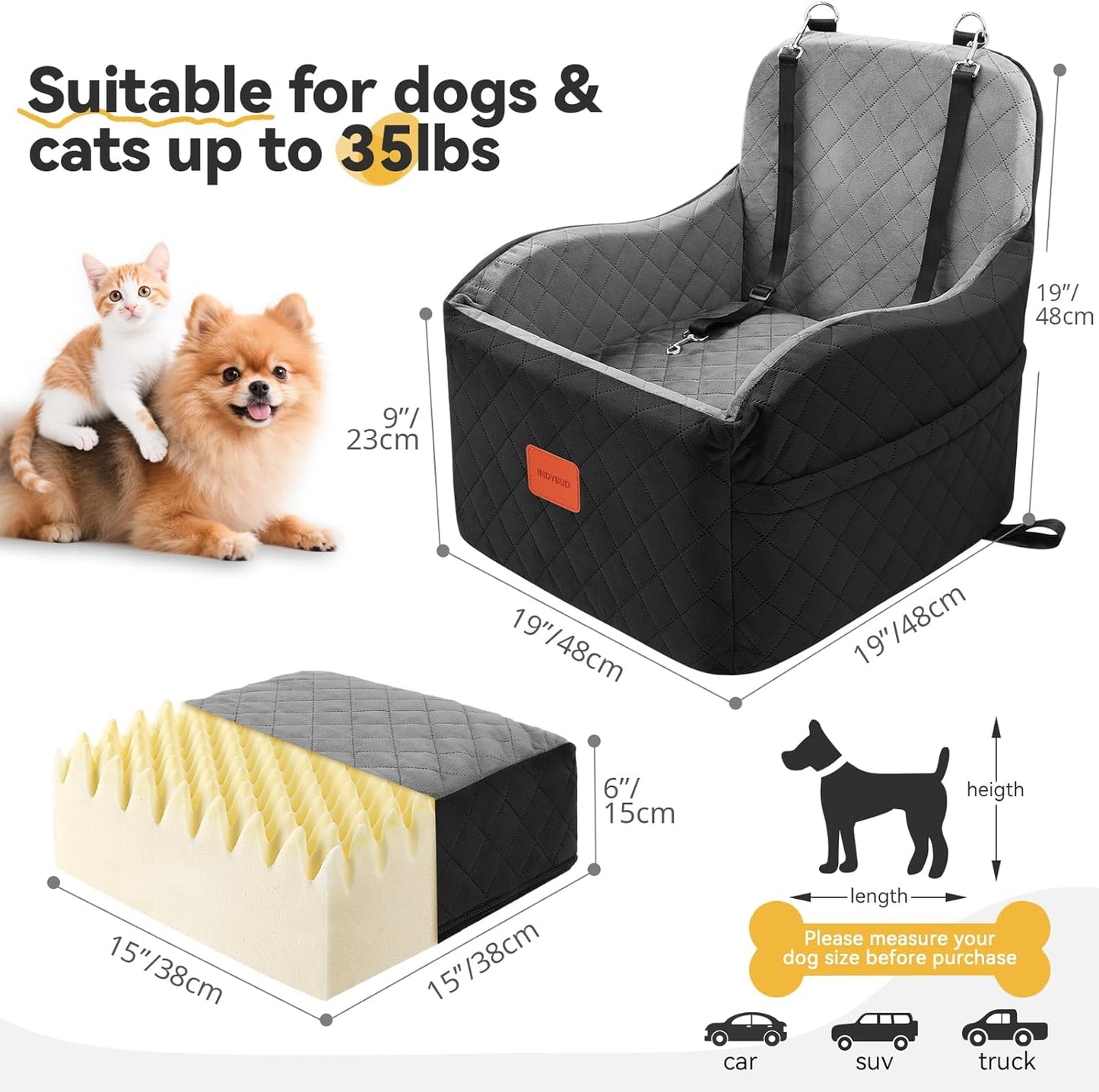 Dog Car Seat for Small & Medium Dogs, Detachable & Washable