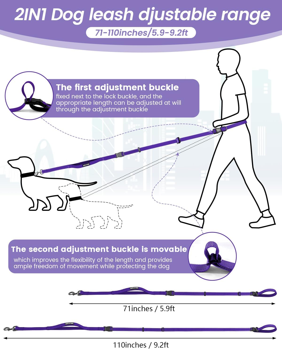 Hands Free Dog Leash, 2-in-1 Detachable Pet