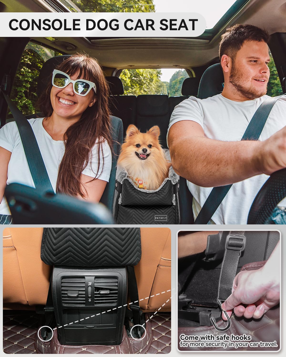 Center Console Dog Car Seat with Safe Protection Hooks, Pet