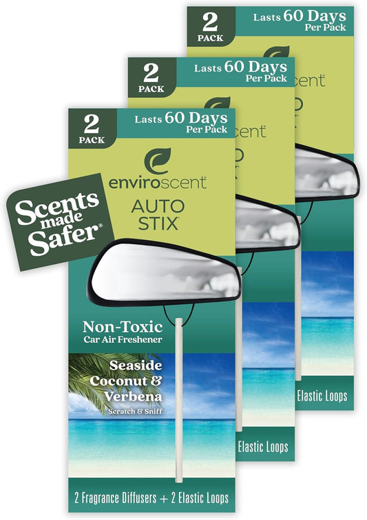 Enviroscent Non-Toxic* Car Air Freshener Auto Stix® - Fragrance Lasts Up to 180 Days - Includes Auto Stix® Diffusers & Elastic Loops - Mother’s Day Gift for Mom - Seaside Coconut & Verbena (Pack of 3)