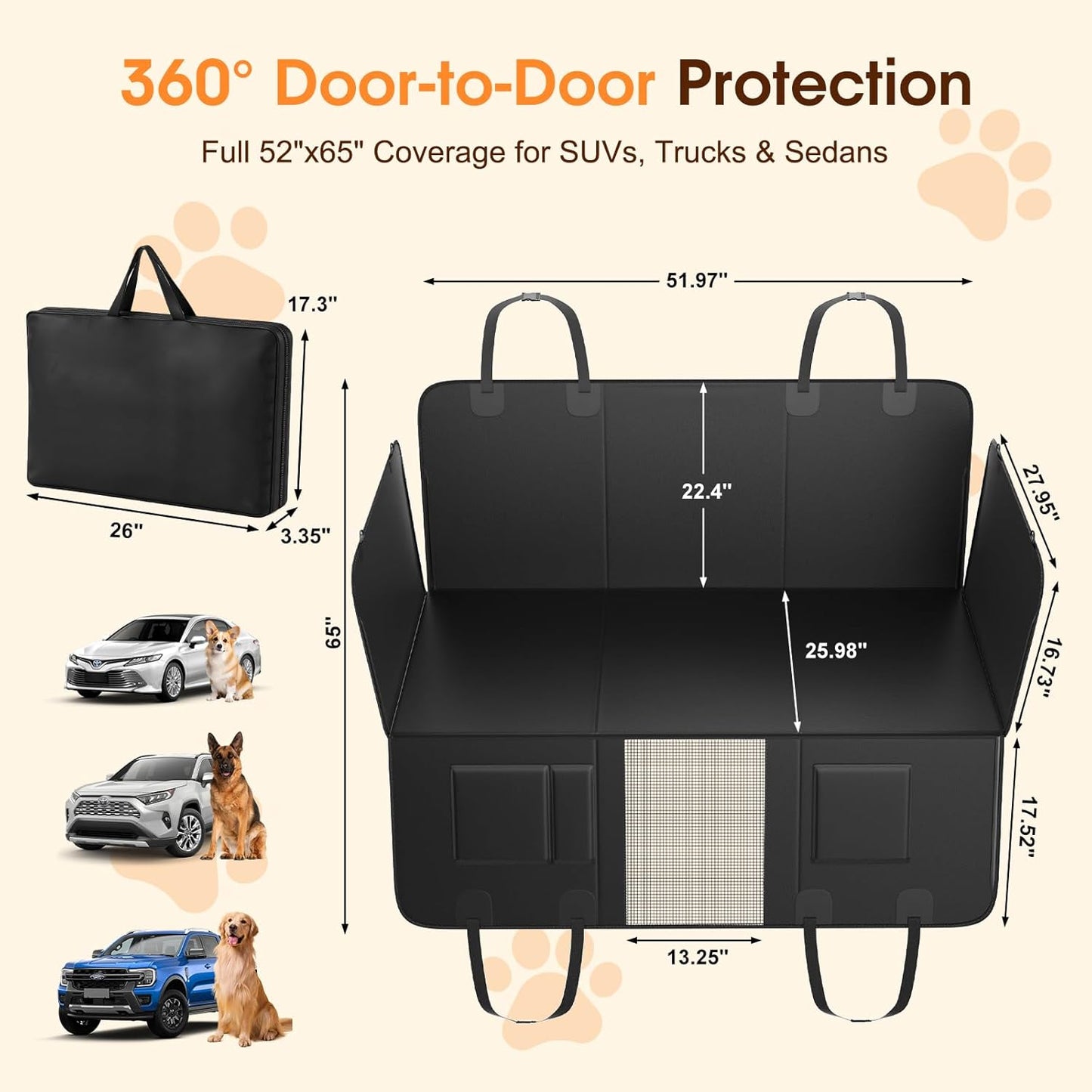 Dog Car Seat Cover for Back Seat, 52"x65" Waterproof