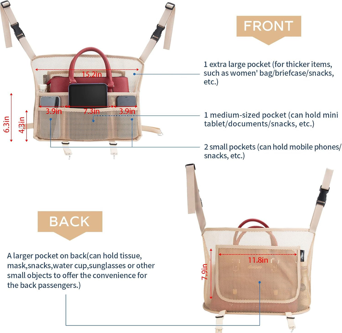 Car Organizers and Storage Mesh Bag, Purse Holder, Car Net