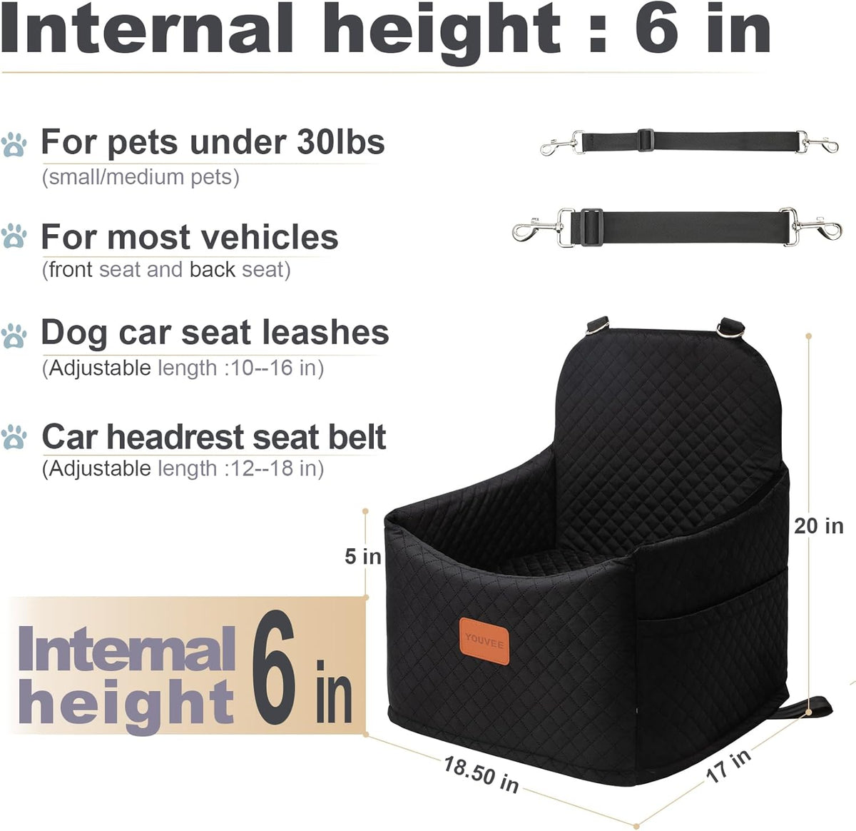 Dog Booster Car Seat,Interior Height 6 Inches Pet Car