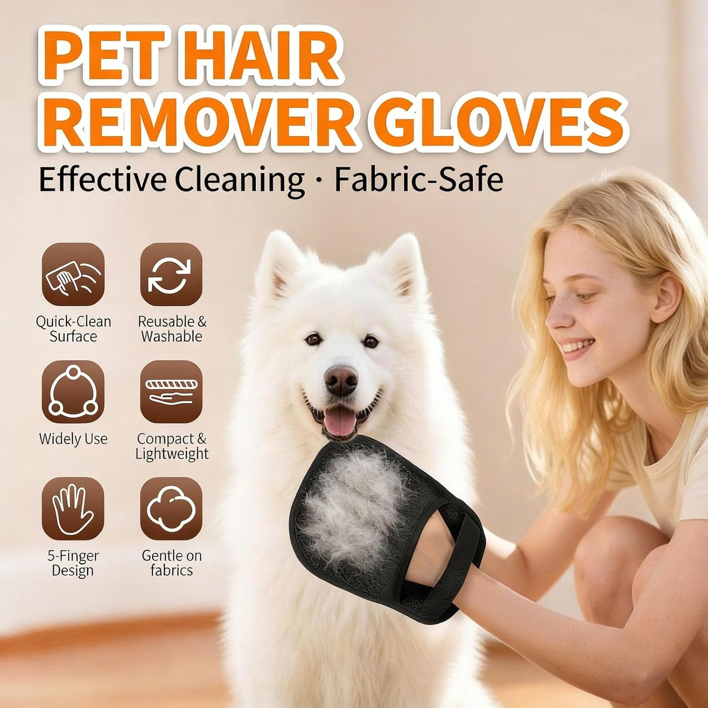 Pet Hair Removal Gloves, Reusable Five Finger Cat Dog